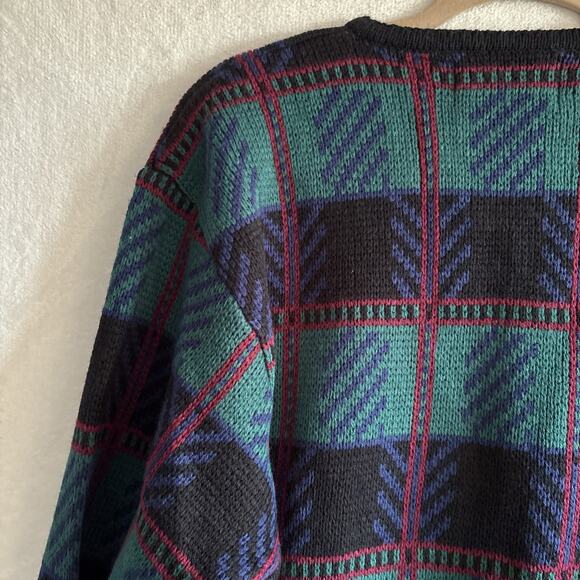 VTG Tally-Ho Sweater Cardigan 2X Gold Button Front Green Plaid Christmas - Picture 9 of 12